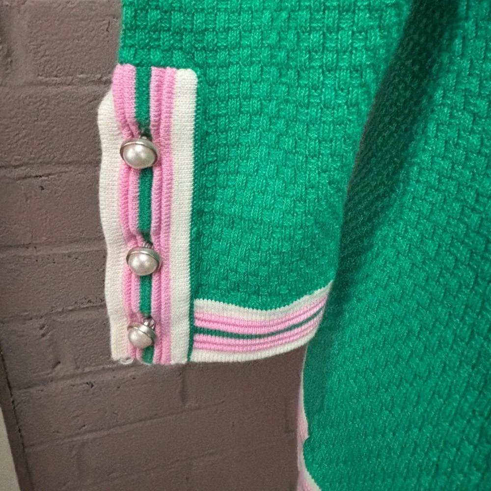 Talbots Green Cardigan with Pink and White Trim XS